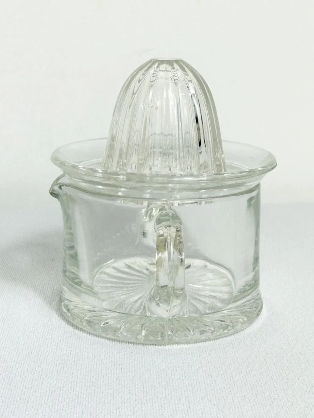 Vintage 2-Piece Clear Glass Citrus Juicer Reamer with Dual Handles & Pour Spout